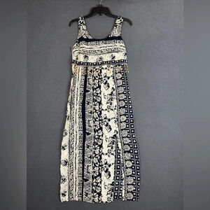 Dawn Joy Fashions Tribal Print Long Lightweight Dress Size: 6 Cream & Midnight
